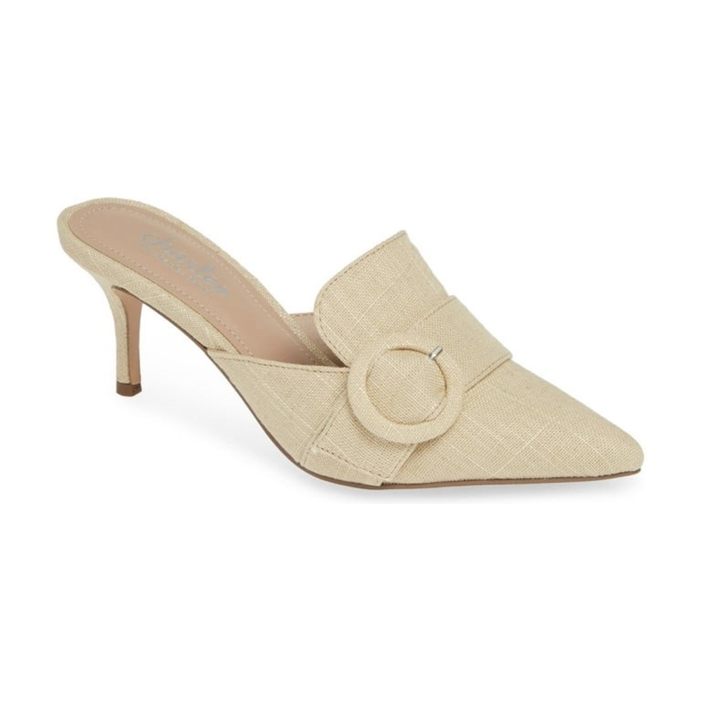 Charles Beige Tweed Heeled Mules with Loafer Design and Buckle Detail, size 8 - Picture 6 of 9